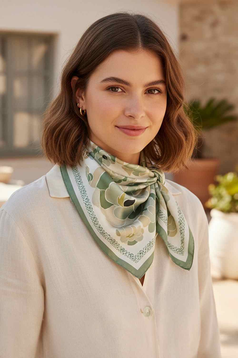 Olive Elevate your accessory collection with this elegant bandana scarf, featuring a stunning botanical flower pattern that brings natural beauty to any outfit. Crafted from 100% lightweight polyester, this versatile piece offers a silky-smooth feel perfect for all seasons. The generous 27.5" x 27.5" size makes it ideal for styling around your neck, as a headwrap, or tied to your bag. Whether you're dressing up a casual look or adding a polished touch to your ensemble, this timeless scarf delivers effortles