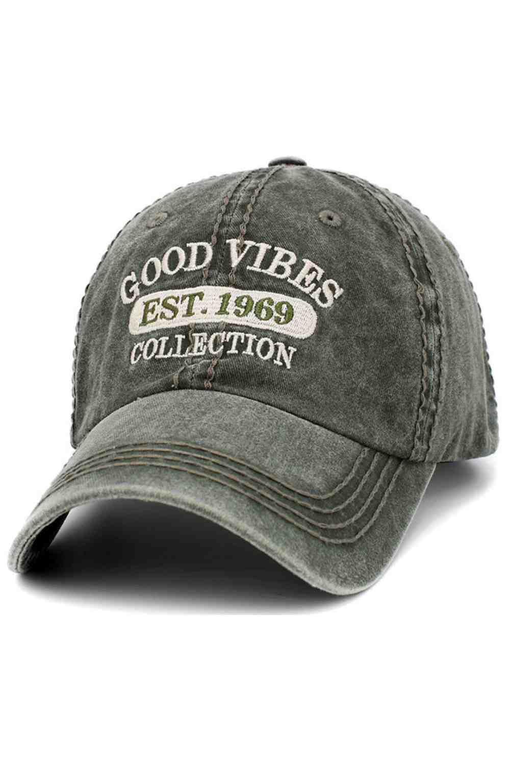 Spread positivity with the Good Vibes Washed Vintage Baseball Cap, featuring a classic distressed look and embroidered Good Vibes message. Comfortable and adjustable, this casual cap adds a cheerful touch to everyday outfits, errands, or weekend adventures