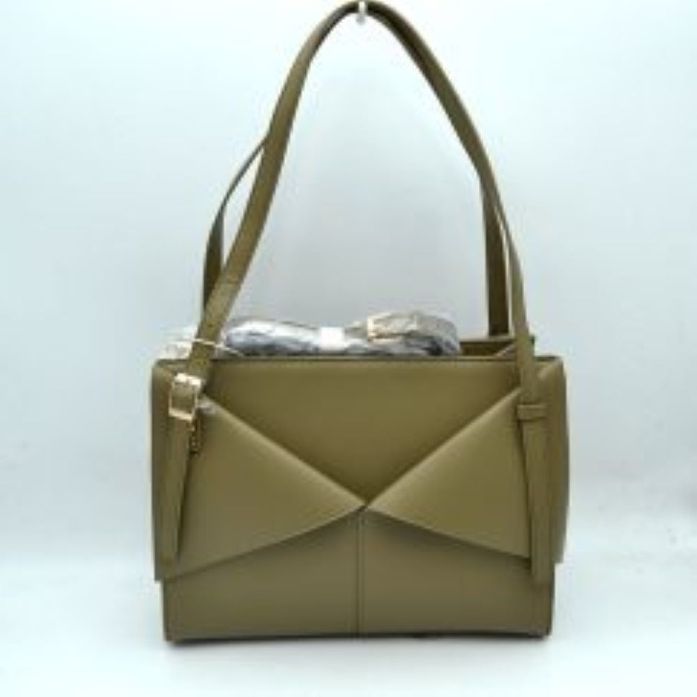 Olive Green Make a sharp, modern impression with this beautifully architectural rectangular tote bag. Defined by its unique front panel detailing, it features overlapping angled overlays that mimic the sleek lines of a classic envelope flap. Crafted with a smooth matte finish and a highly structured silhouette, this handbag sits securely upright on a flat base, maintaining its clean lines all day long. It comes equipped with extra-long, adjustable top handles for comfortable over-the-shoulder wear