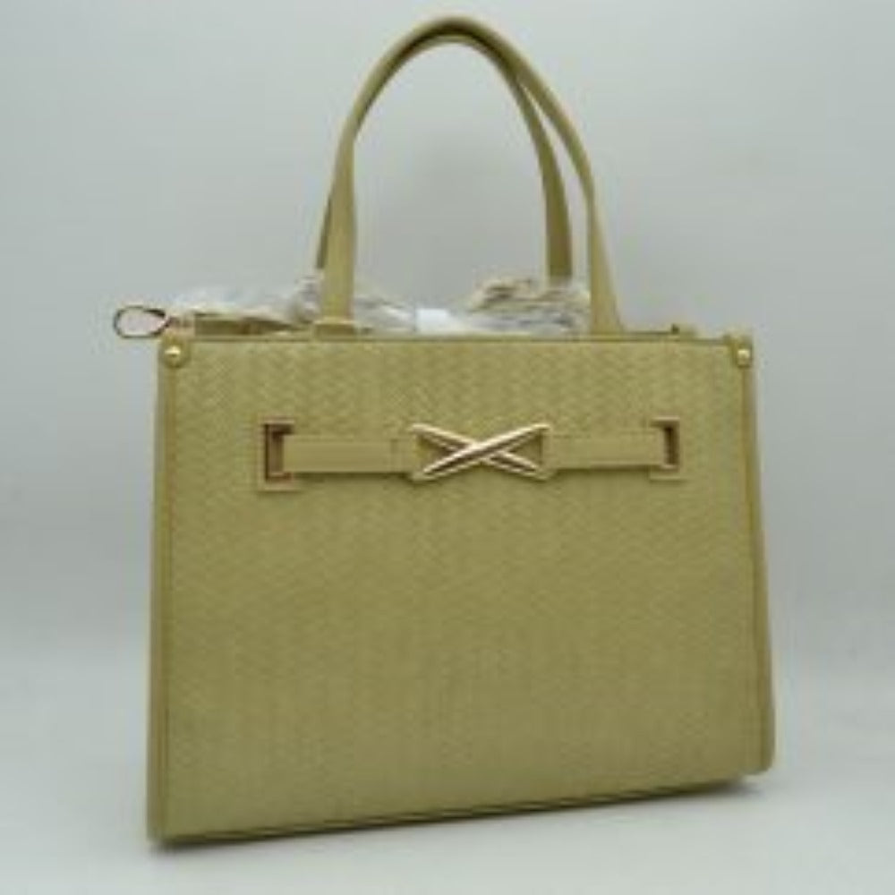 Olive This sophisticated everyday tote bag features a structured rectangular silhouette with an all-over classic basket-weave textured design in a clean beige tone. The front panel is elegantly accented by a matching faux-leather strap detailed with a polished, gold-toned 'X' shaped decorative buckle. Designed for organized professional or daily use, the main compartment is fitted with double slim top handles for comfortable hand or arm carrying.