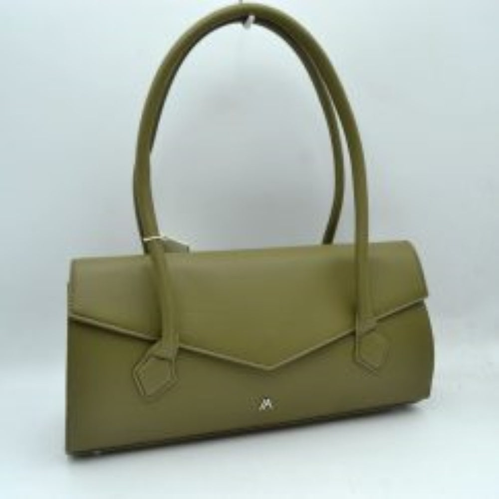 Olive This structured shoulder bag features a sleek, elongated East-West silhouette with a smooth exterior finish, making it a sophisticated choice for modern everyday use. The front panel is defined by an elegant envelope-style flap with a subtle pointed edge, highlighted by a minimalist metallic logo emblem near the bottom center. Equipped with long, rounded double shoulder straps that attach to the body with decorative stitched patches