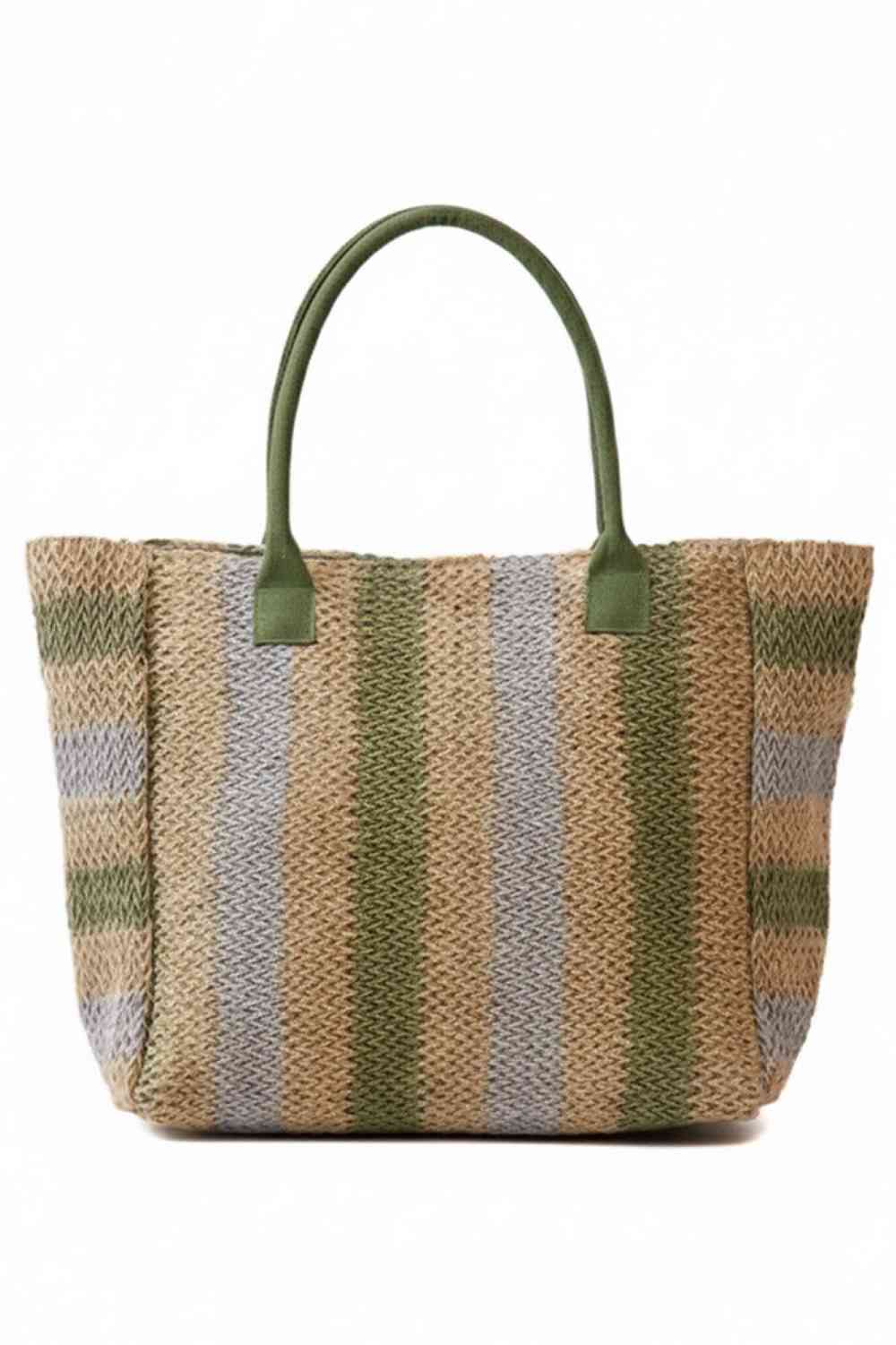 Olive Carry your essentials in style with this Multi Stripe Pattern Natural Brown Straw Tote Bag. Crafted from 100% paper, this spacious bag measures 21" x 14" x 6" and features a vibrant multi-color stripe design against a natural brown base. The magnetic snap closure keeps your belongings secure, while the convenient inner pocket provides organized storage. Perfect for beach trips, shopping, or everyday use.