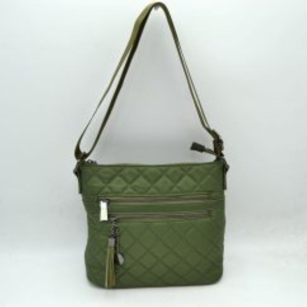 Olive This casual crossbody bag features a classic quilted texture and a slim, flexible design ideal for everyday use. It offers multiple functional storage compartments, including a top zipper closure for the main area and two parallel zippered front pockets for organized access to smaller items. A decorative tassel charm on a small chain accents the upper front zipper, while a wide, integrated adjustable shoulder strap allows for comfortable crossbody or over-the-shoulder wear.