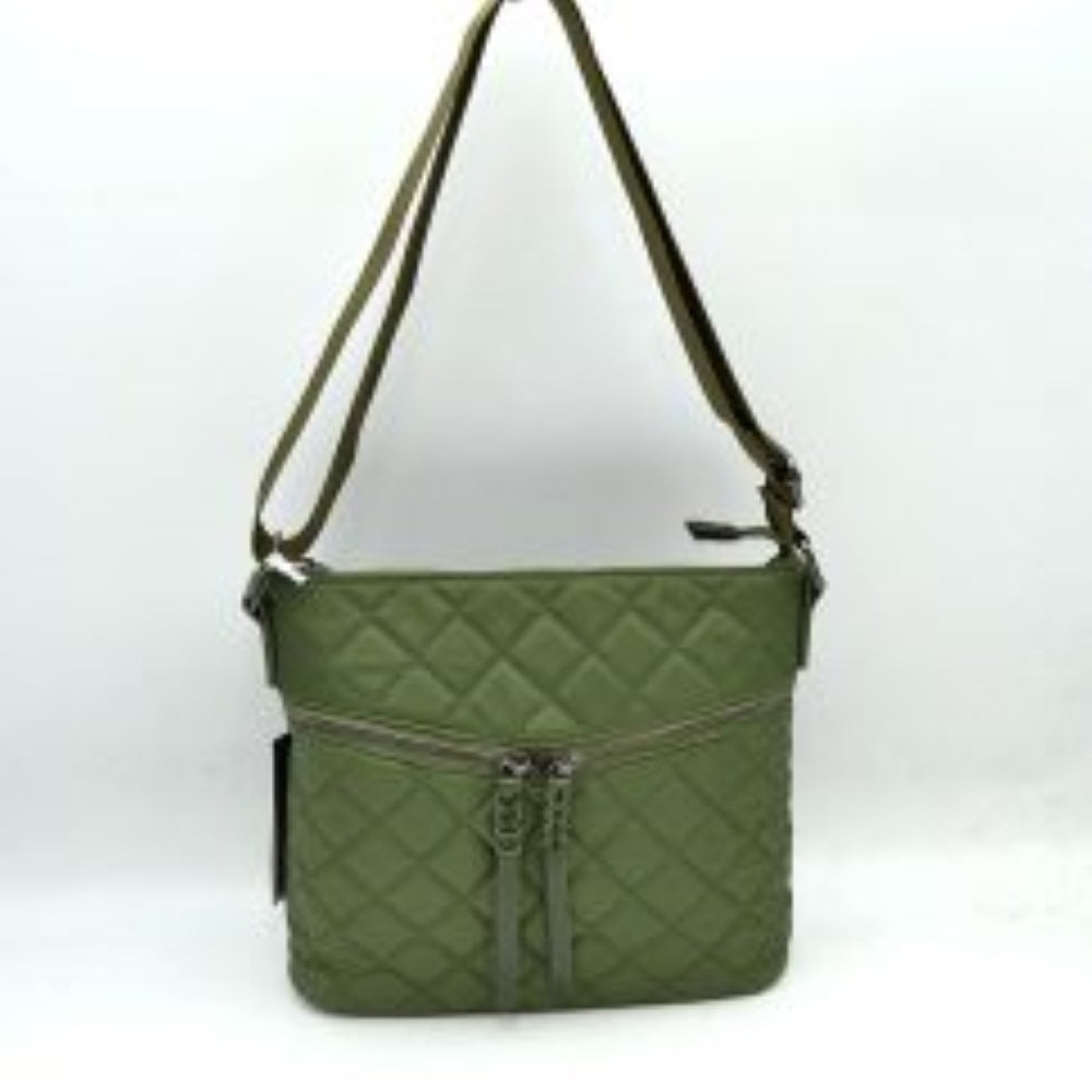 Olive This casual crossbody bag features a classic diamond quilted design and a slim, flexible profile tailored for everyday use. It offers multiple functional storage compartments, including a main upper zippered area and a distinct, gently curved horizontal front pocket equipped with dual center-closing zipper pulls that feature long, matching fringe extensions. A long, integrated adjustable shoulder strap ensures comfortable carrying over the shoulder or across the body.