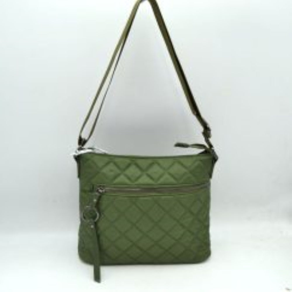 Olive This functional crossbody bag features a classic quilted diamond pattern exterior designed for effortless everyday use. It offers multiple storage compartments, including a main interior section accessed by a top zipper closure and a horizontal front zippered pocket accented by an attached circular ring pull tab. The bag is equipped with a matching flat shoulder strap connected by side loops, featuring an integrated adjustment buckle to easily customize the carrying length.