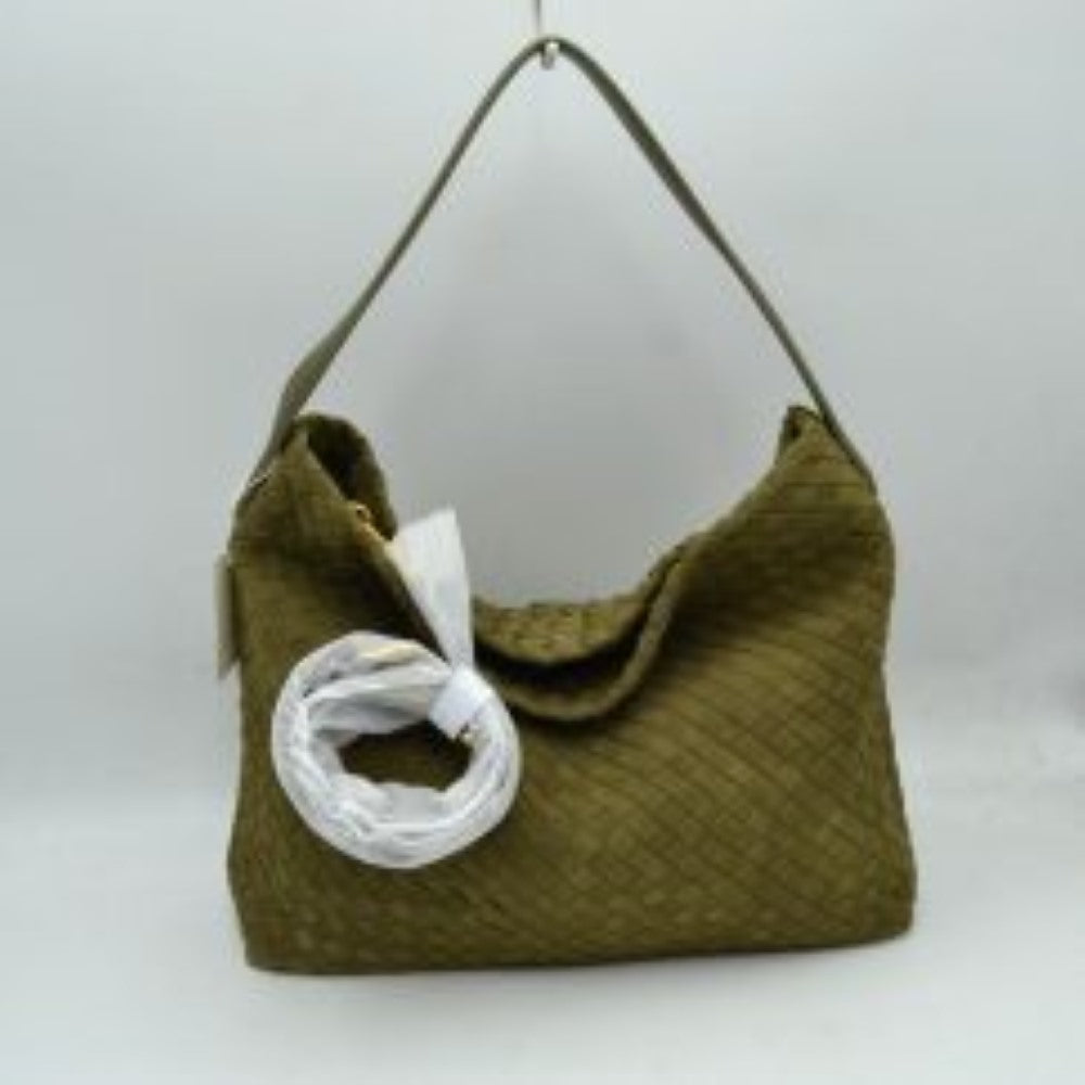 Olive This slouchy hobo bag showcases a textured woven pattern across its exterior, offering a refined look that is perfect for everyday use. The spacious main compartment provides ample storage for daily essentials, featuring a relaxed silhouette with a flat top shoulder strap for comfortable carrying. A separate, detachable secondary strap with metallic clasps is included, allowing for versatile styling options to suit your needs.