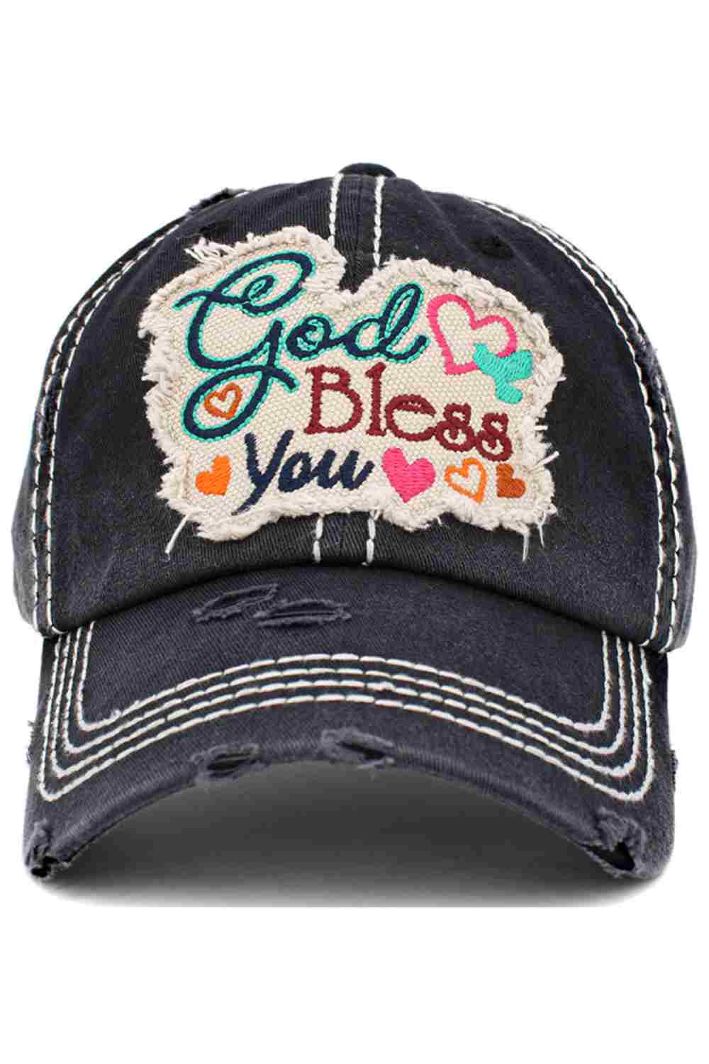Onyx Share a heartfelt message in everyday style with the God Bless You vintage baseball cap, featuring a classic distressed finish and meaningful embroidered design. Comfortable and adjustable for all-day wear, this casual cap is perfect for outings, church days, or relaxed weekend looks.