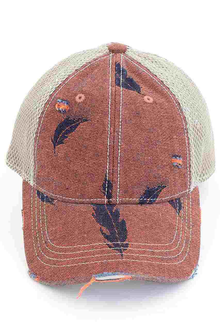 C.C LEAF MOTIF JACQUARD DENIM BASEBALL PONYCAP - Orange - Baseball Cap