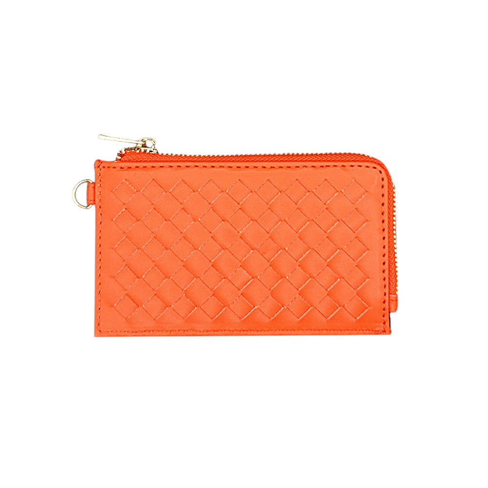 Faux Leather Basket Weave Flat Card Holder Wallet with Wristlet - Orange - Wallets