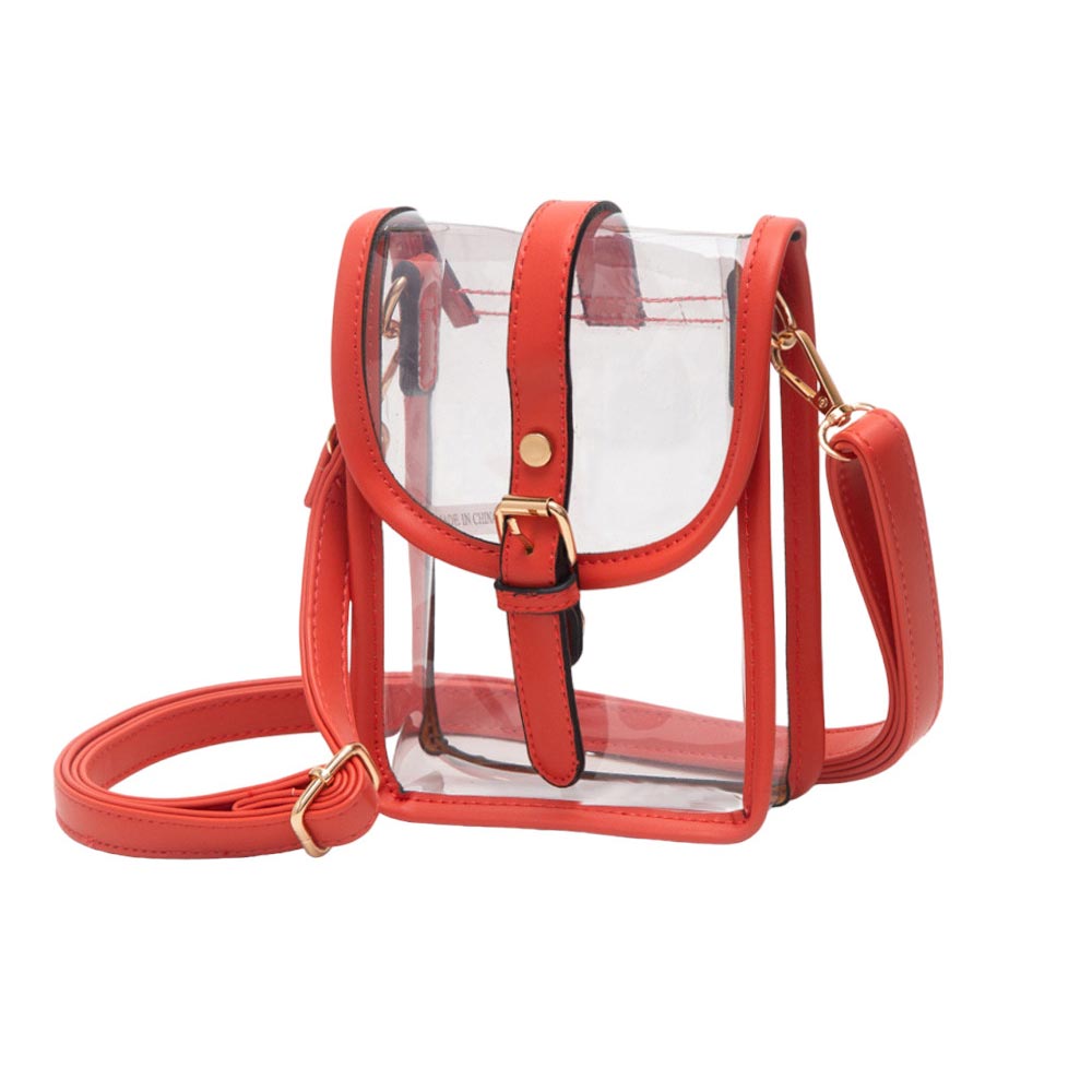 Orange-Faux Leather Belt Buckle Pointed Transparent Crossbody Bag , Expertly crafted from faux leather, this crossbody bag features a unique pointed design and transparent material, making it a modern and fashionable accessory. The belt buckle adds a touch of edginess, while the spacious interior allows for convenient storage