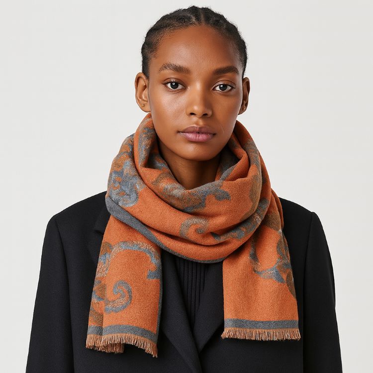 A soft scarf featuring an elegant floral print with a bordered edge and fringe finish. Lightweight yet cozy, this versatile accessory brings warmth and a touch of sophistication to casual and dressy outfits.