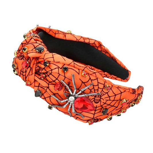 Orange-Metal Spider Pointed Stone Cluster Embellished Knot Headband, Made with high-quality metal, this headband features a unique spider design with sparkling stone clusters, adding a touch of glamour to any outfit. Stay on-trend and secure your hair with this stylish and versatile accessory.