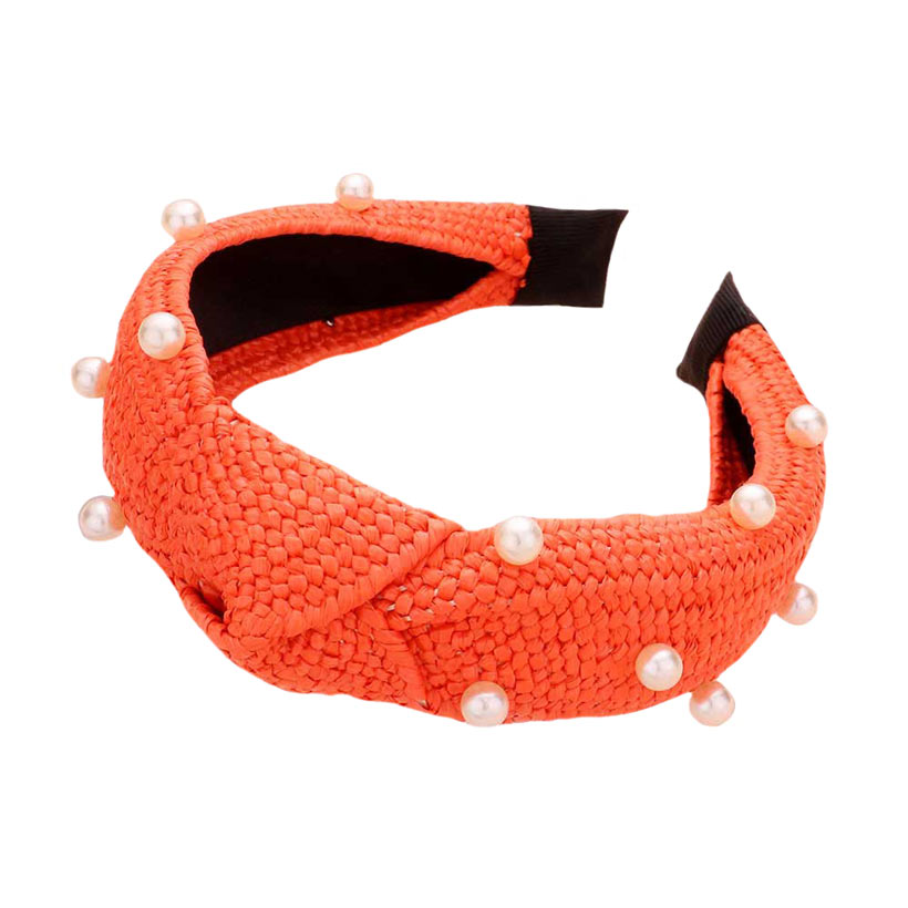 Orange Pearl Embellished Straw Knot Burnout Headband, create a beautiful look while perfectly matching your color with the easy-to-use straw knot burnout headband. Push your hair back and spice up any plain outfit with this straw knot burnout headband!