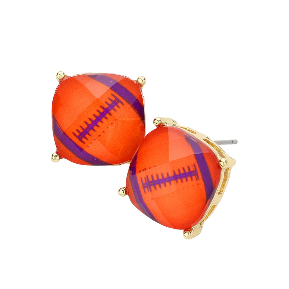 Orange Purple Game Day Football Cushion Square Stud Earrings, are beautifully crafted with a plated brass base and coated in a clear enamel finish. Perfect gift for sports lovers, these stylish Game Day Football Cushion Square Stud Earrings are sure to make a statement. Perfect for football match day, Beach Party, and Party Earrings