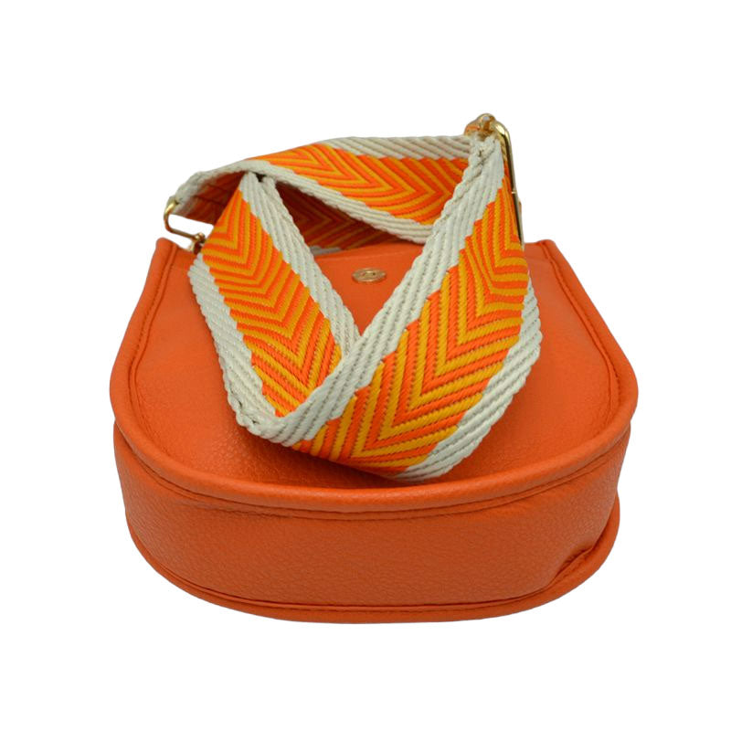 Orange Vegan Leather Guitar Strap Small Crossbody Purse, This Guitar Strap bag can be worn crossbody or on the shoulder. This Small Crossbody bag with selected durable vegan leather, nice style with various colors, Complement your existing outfit best Smooth fabric interior lining to avoid scratching item inside, Customized gold-tone metal fitting make you money's worth. Show your trendy side with this awesome crossbody bag. Have fun and look stylish with its fringe deta