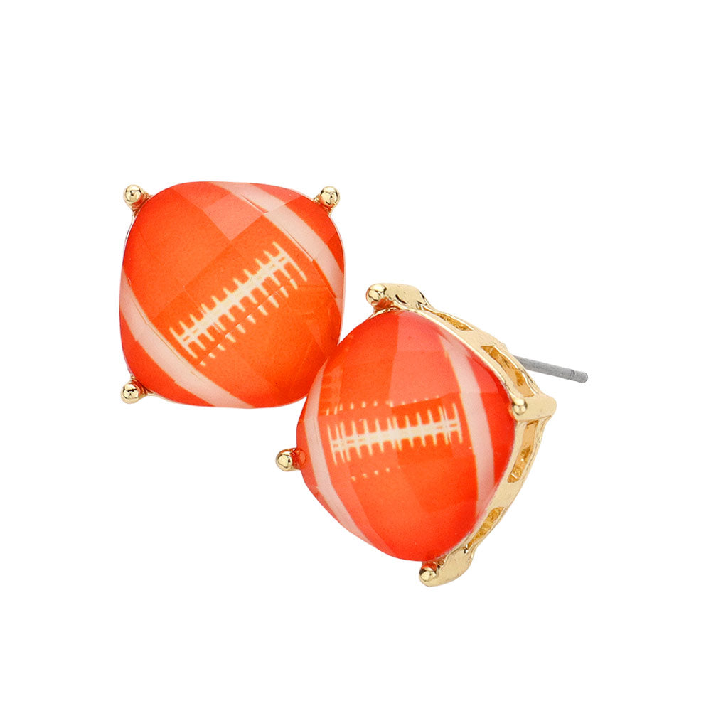 Orange White Game Day Football Cushion Square Stud Earrings, are beautifully crafted with a plated brass base and coated in a clear enamel finish. Perfect gift for sports lovers, these stylish Game Day Football Cushion Square Stud Earrings are sure to make a statement. Perfect for football match day, Beach Party, and Party Earrings