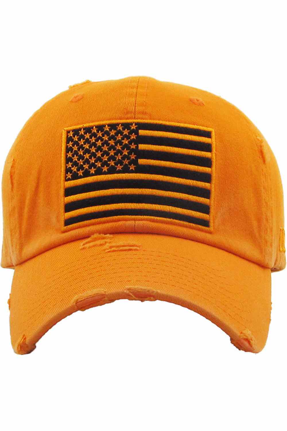 Orange Show off your patriotic style with this Unisex American Flag washed vintage distressed baseball cap, featuring a classic worn-in look and bold flag detail. Designed for comfort with an adjustable fit, this everyday cap is perfect for casual outings, outdoor activities, or laid-back weekends.