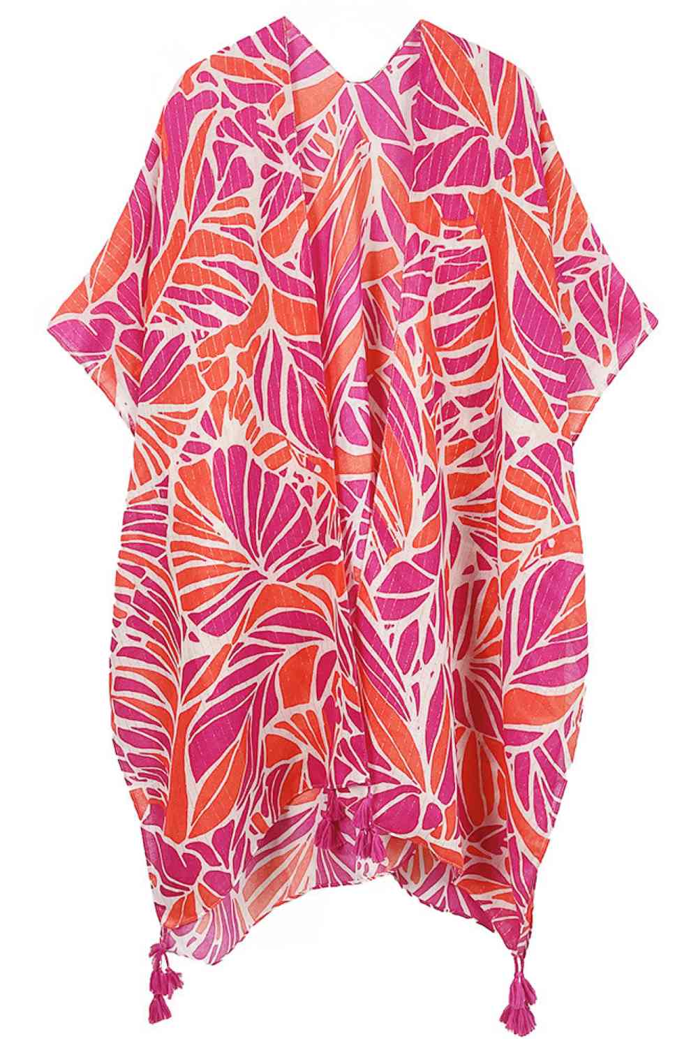 Orange Effortless elegance meets artistic flair with this Abstract Leaves Pattern Tassel Kimono. Crafted from lightweight 100% polyester, this versatile piece features a captivating abstract leaf design that adds visual interest to any outfit. The decorative tassels provide a playful finishing touch, while the generous 35.4" x 35.4" dimensions offer comfortable layering over dresses, tops, or swimwear. Perfect for beach days, casual outings, or lounging at home, this kimono transitions seamlessly from seaso