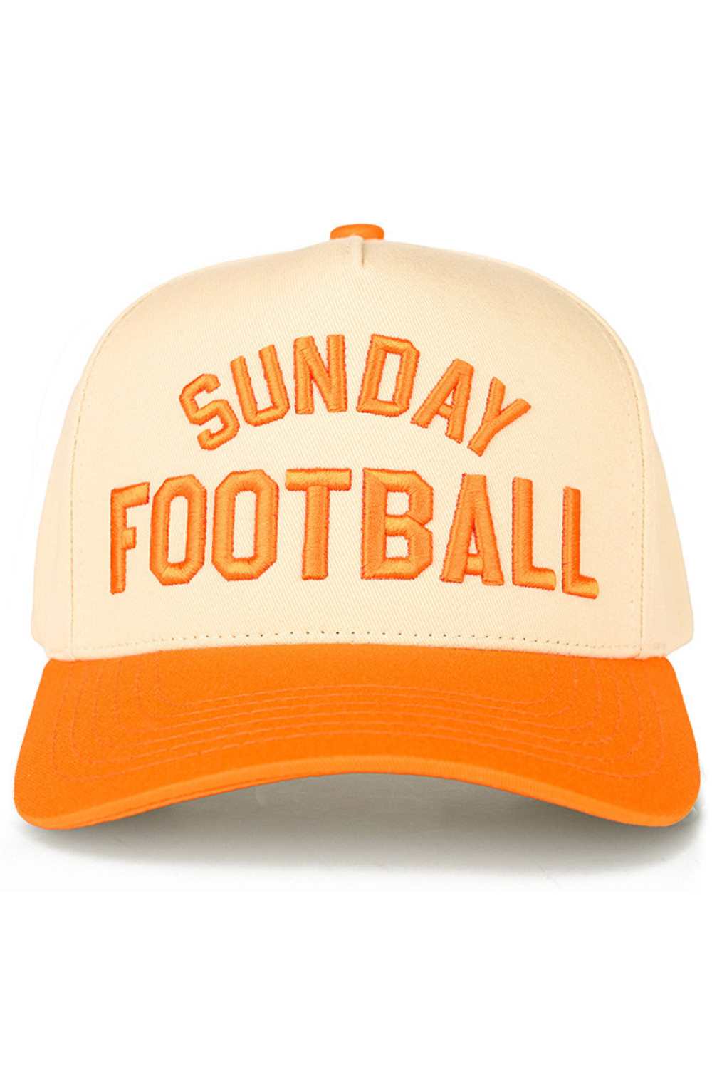 Orange C.C SUNDAY FOOTBALL Embroidered Two Tone Baseball Trucker Cap Snapback Celebrate game day in style with this classic trucker cap featuring bold embroidered SUNDAY FOOTBALL branding. The two-tone design combines timeless appeal with modern comfort, perfect for football fans and casual wear alike. Crafted from 100% cotton for breathability and durability. The adjustable snapback closure ensures a comfortable fit for most head sizes, with a circumference of 22.5". Made in Vietnam with quality constructi