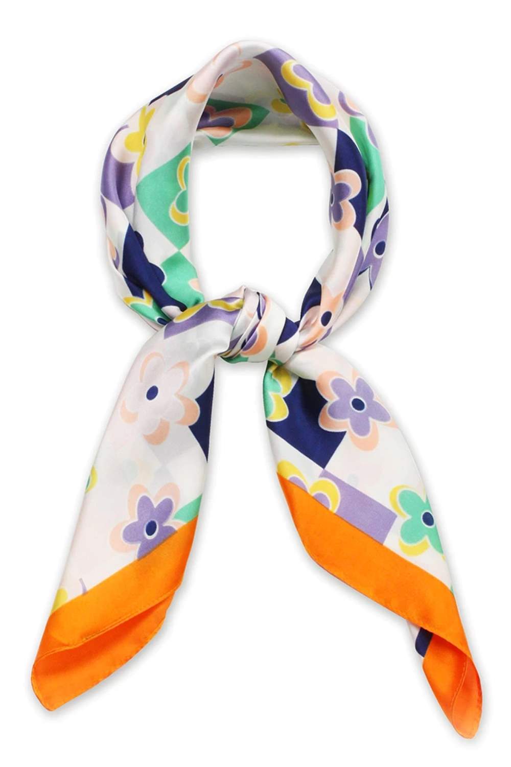 Orange Elevate your accessory game with this stunning satin square scarf featuring a beautiful flower and checker print design. Crafted from 100% polyester, this luxurious scarf offers a smooth, lustrous finish that drapes elegantly around your neck, shoulders, or hair. The generous 27.5" x 27.5" size provides versatility for countless styling options wear it as a classic neck scarf, headwrap, or even as a chic bag accent.