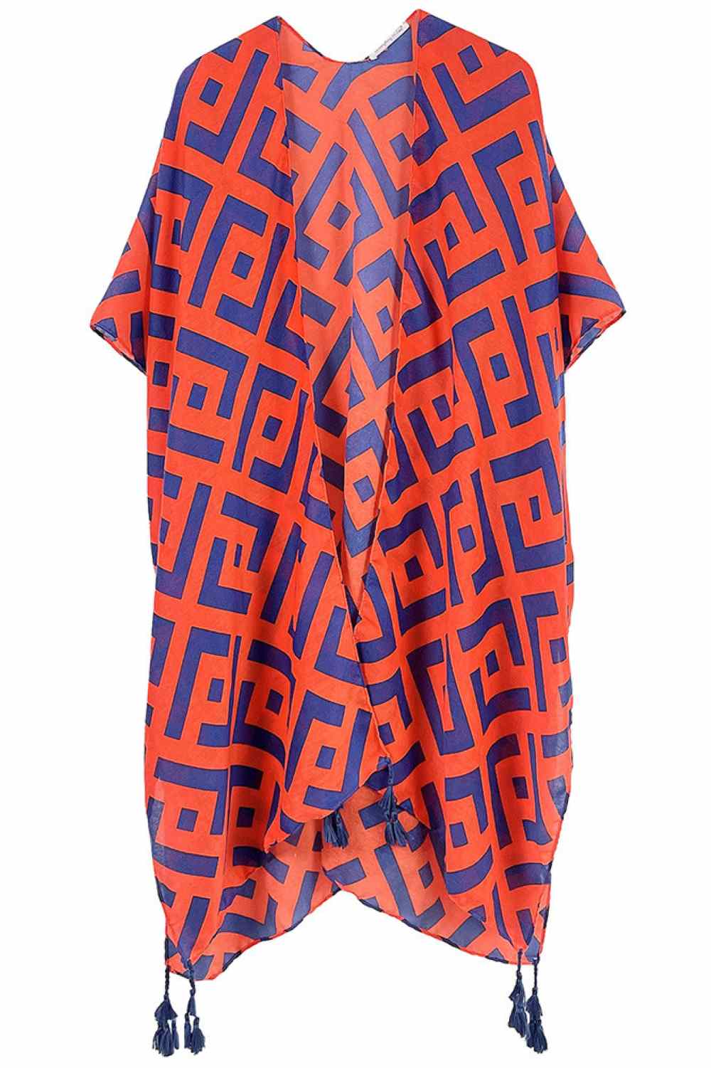 Orange Elevate your layering game with this stunning geometric pattern print tassel kimono. Crafted from lightweight 100% polyester, it drapes beautifully over any outfit for an effortless bohemian vibe. The intricate geometric design paired with charming tassels adds visual interest and movement to your look. Perfect for beach days, casual outings, or cozy evenings at home. Generously sized at 35.4" x 35.4", it offers comfortable coverage and versatile styling options. A must-have piece for anyone seeking 