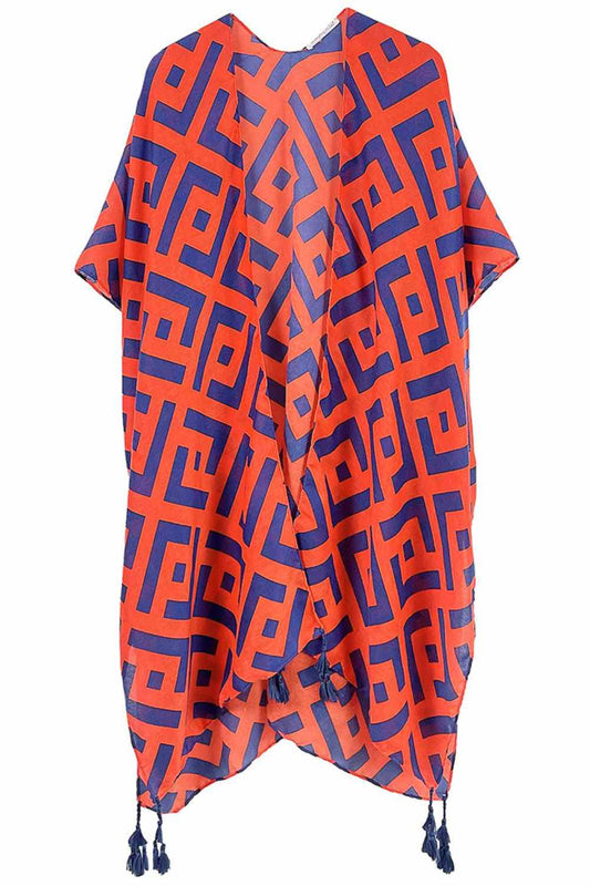 Orange Elevate your layering game with this stunning geometric pattern print tassel kimono. Crafted from lightweight 100% polyester, it drapes beautifully over any outfit for an effortless bohemian vibe. The intricate geometric design paired with charming tassels adds visual interest and movement to your look. Perfect for beach days, casual outings, or cozy evenings at home. Generously sized at 35.4" x 35.4", it offers comfortable coverage and versatile styling options. A must-have piece for anyone seeking 