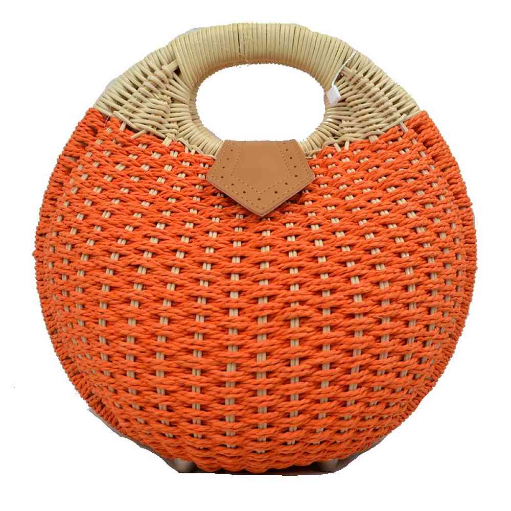 Orange Make a vibrant, sun-kissed statement with this beautifully structured round straw handbag. Combining a striking geometric silhouette with organic textures, this bag is a cheerful, high-fashion addition to your vacation wardrobe, picnic dates, or warm-weather strolls.