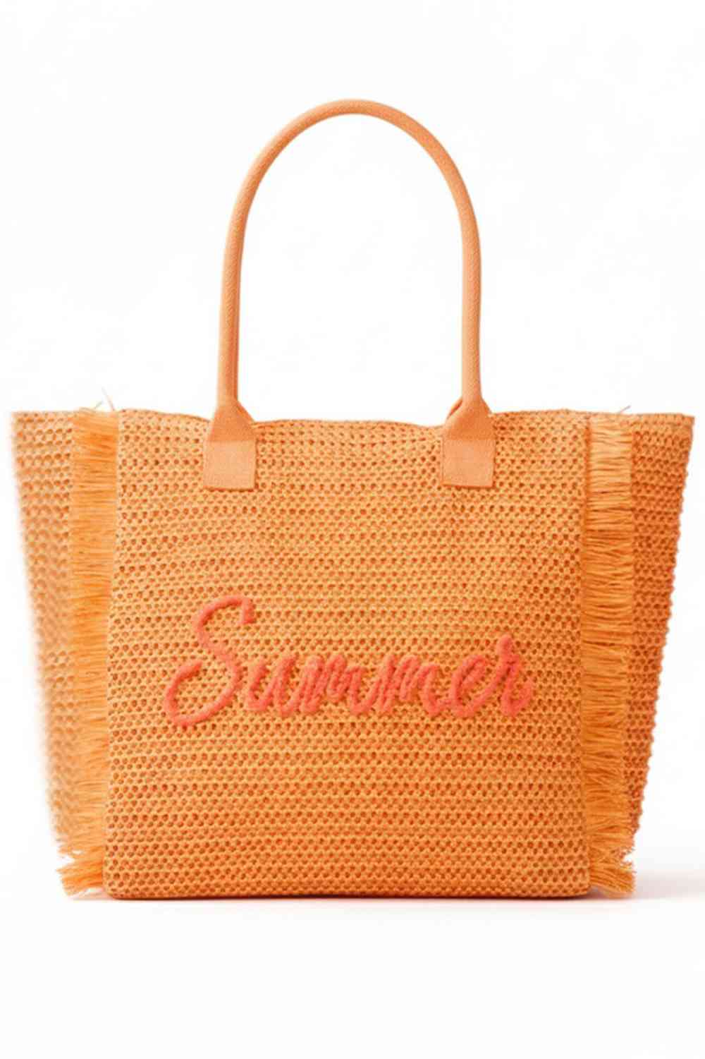 Orange Carry summer in style with this charming woven straw tote. Featuring playful "SUMMER" lettering accented with shimmering gold lurex thread, it's finished with a trendy fringe trim for extra flair. The spacious 13.5" x 14" x 5" design holds all your essentials, while the secure zipper closure and inner pocket keep everything organized. Crafted from 100% paper straw, it's lightweight and perfect for beach days, farmers markets, or casual outings. A versatile accessory that blends function with fun.