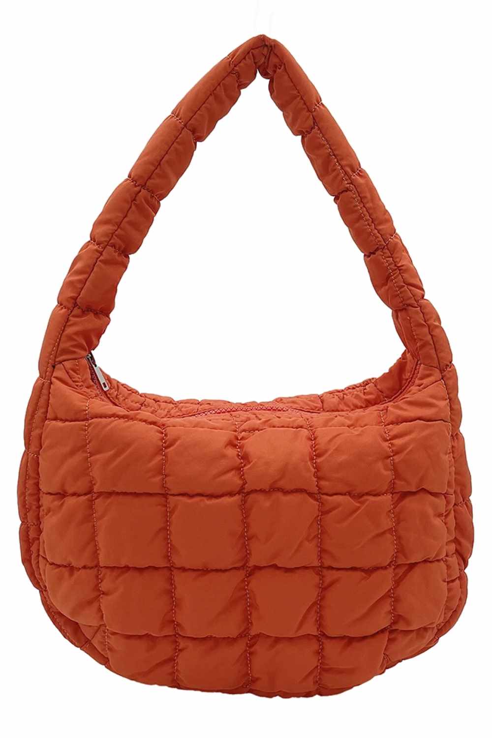 Orange Compact quilted bag crafted from durable 100% polyester with a timeless solid design. Measuring 8.7" x 11.8" x 3.15", it's the perfect size for everyday essentials, travel accessories, or as a versatile organizer. The quilted texture adds visual interest and subtle structure. Ideal for on-the-go convenience with a sleek, minimalist aesthetic that pairs effortlessly with any outfit.