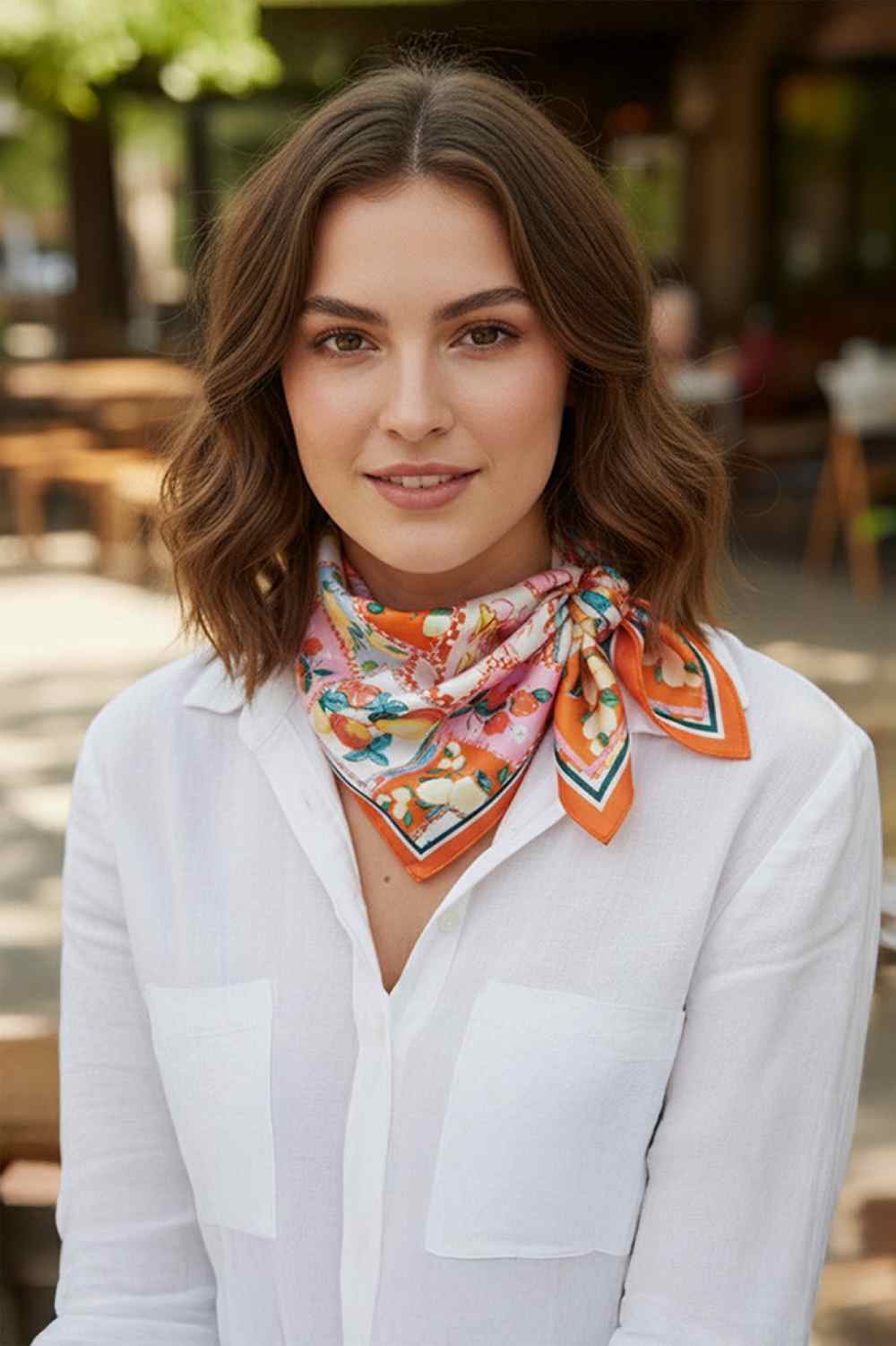 Orange Elevate your accessory game with this vibrant tropical pattern bandana scarf. Crafted from 100% polyester, it delivers a silky-smooth feel that's lightweight and breathable perfect for any season. The generous 27.5" x 27.5" square design offers versatile styling options: wear it as a headscarf, neck wrap, or tie it to your bag for a pop of color. Whether you're heading to the beach, running errands, or adding flair to your everyday look, this tropical print brings effortless summer vibes year-round.