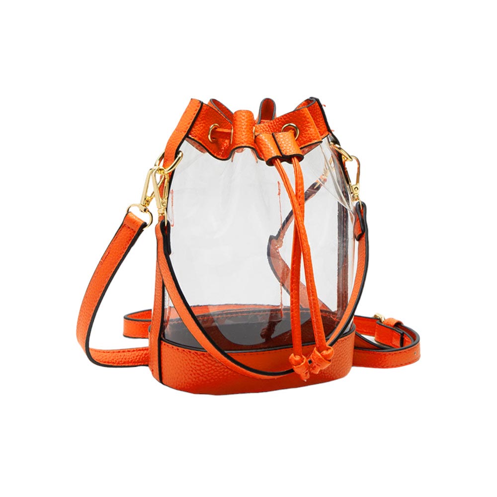 Orange-Solid Faux Leather Transparent Bucket Bag, The perfect accessory for your daily needs. Made of durable and trendy faux leather, this bag features a unique transparent design, allowing you to easily access your items while adding a touch of style to your outfit.
