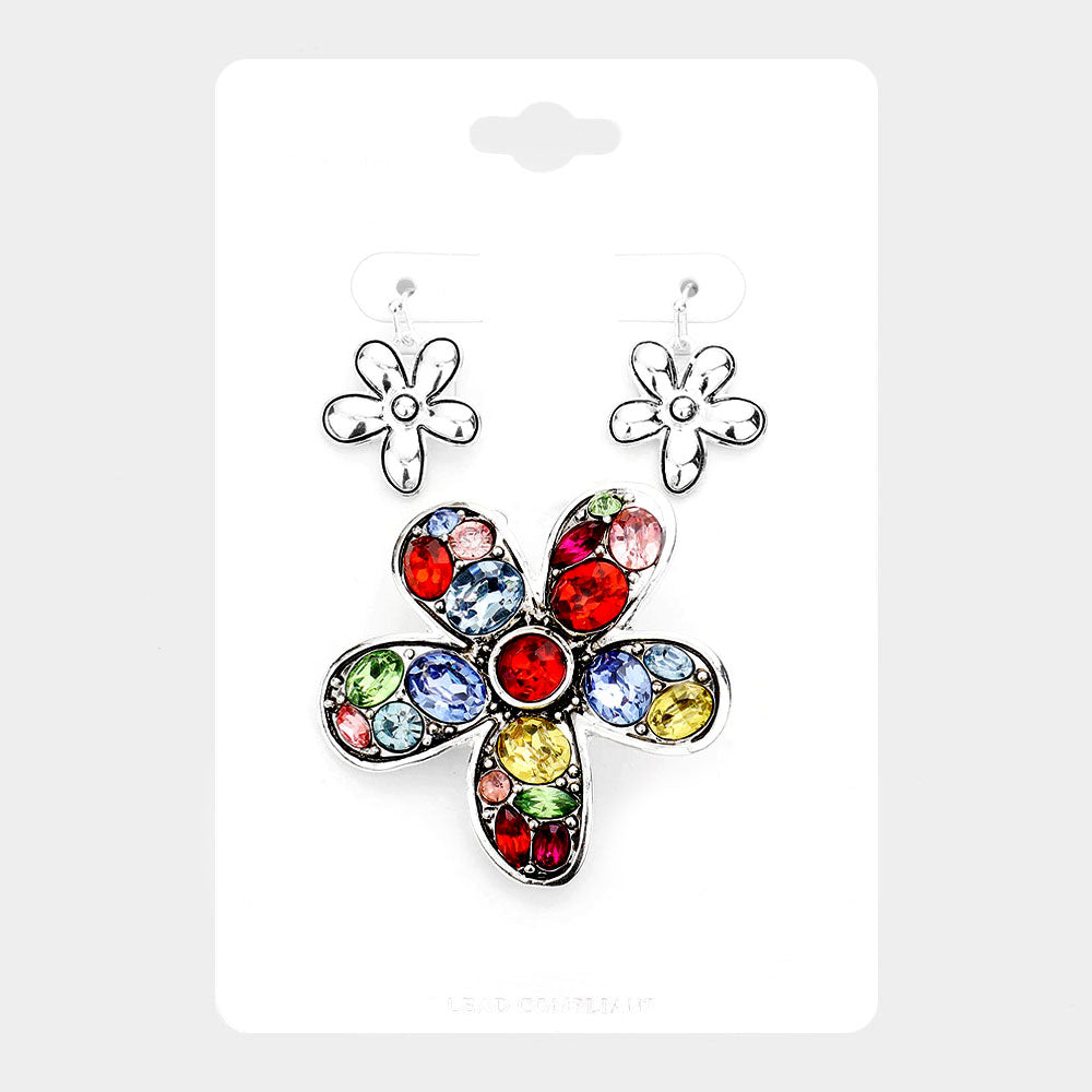 Madeline Love Antique Silver, Multi Multi Stone Flower Magnetic Pendant Set - Pendant Sets