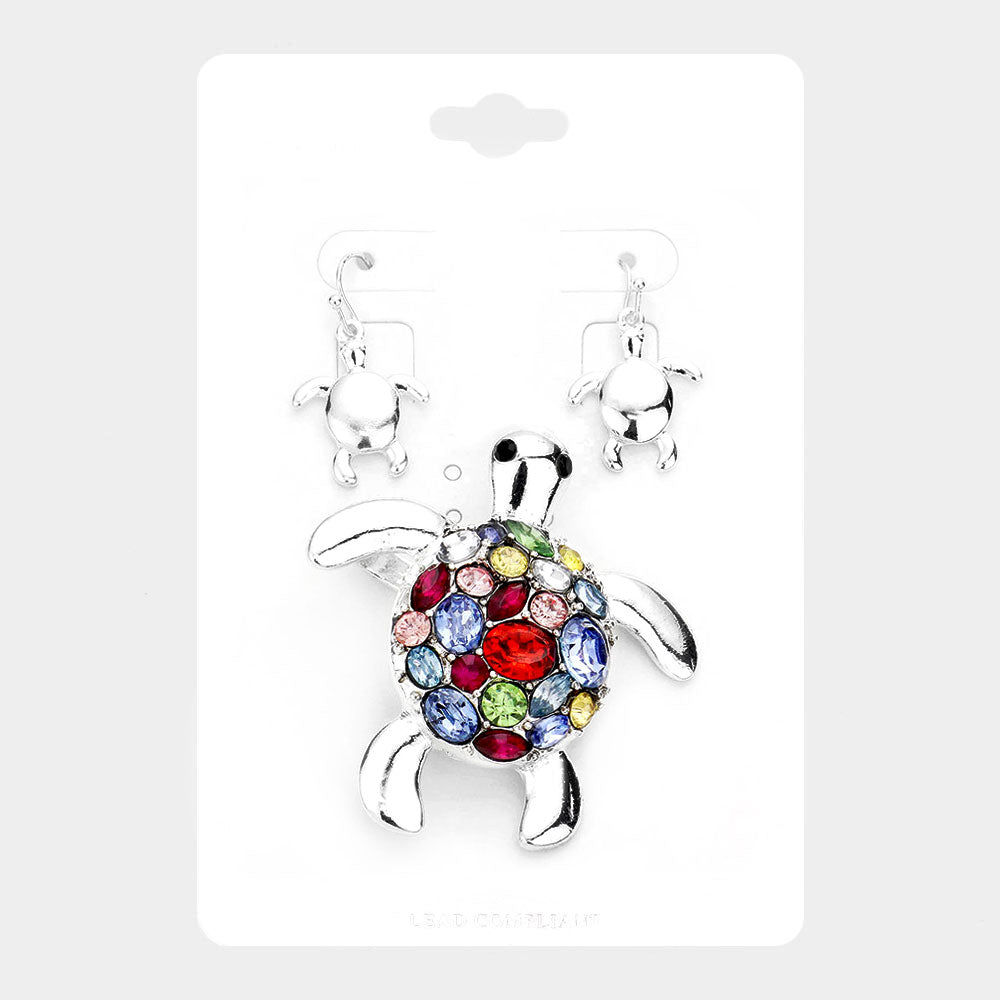 Antique Silver, Multi Multi Stone Turtle Magnetic Pendant Set