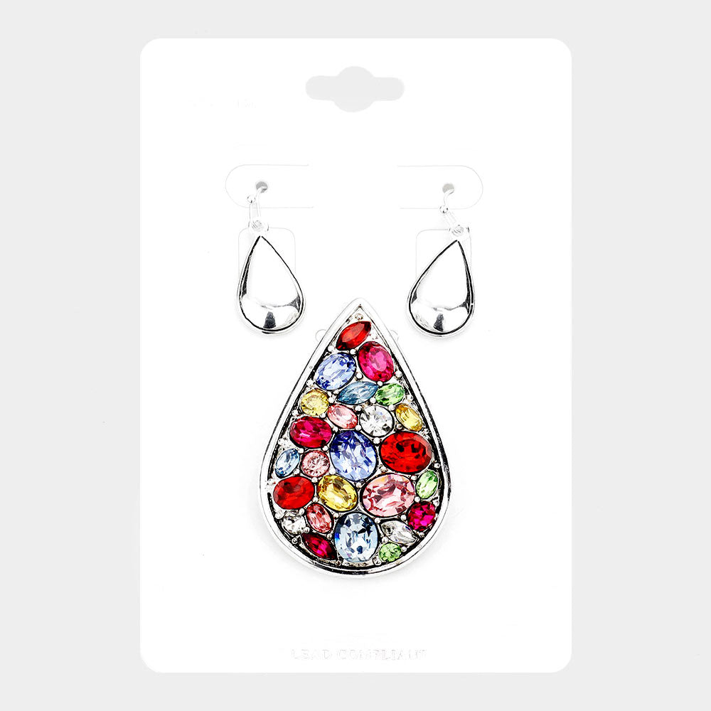Madeline Love Antique Silver, Multi Multi Stone Teardrop Magnetic Pendant Set - Pendant Sets
