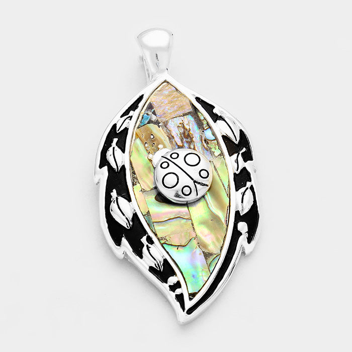 Madeline Love Abalone, Antique Silver Abalone Embossed Antique Leaf Ladybug Magnetic Pendant - Pendant Sets