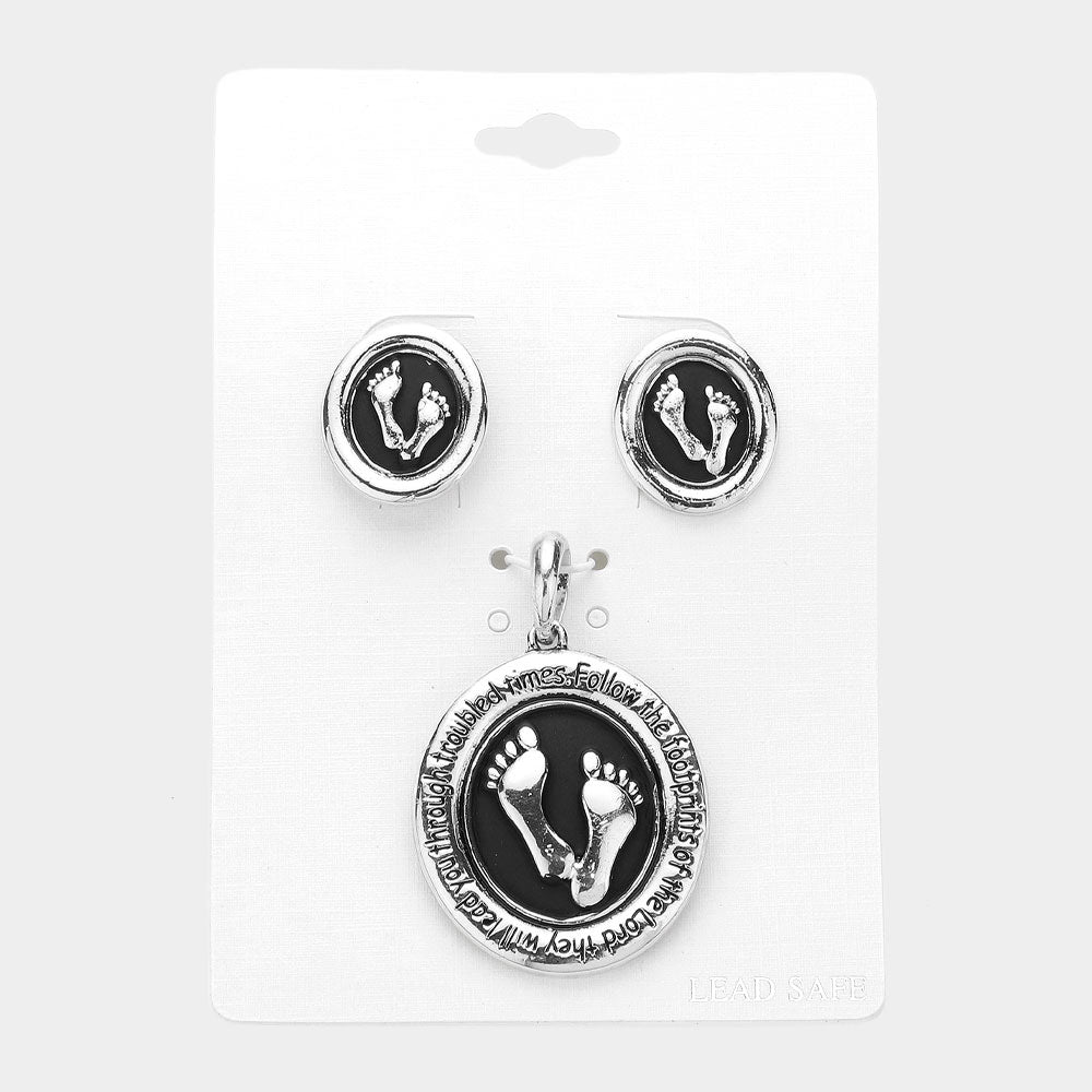 Madeline Love Antique Silver, Jet Black Enamel Baby Footprint Pendant Set - Pendant Sets