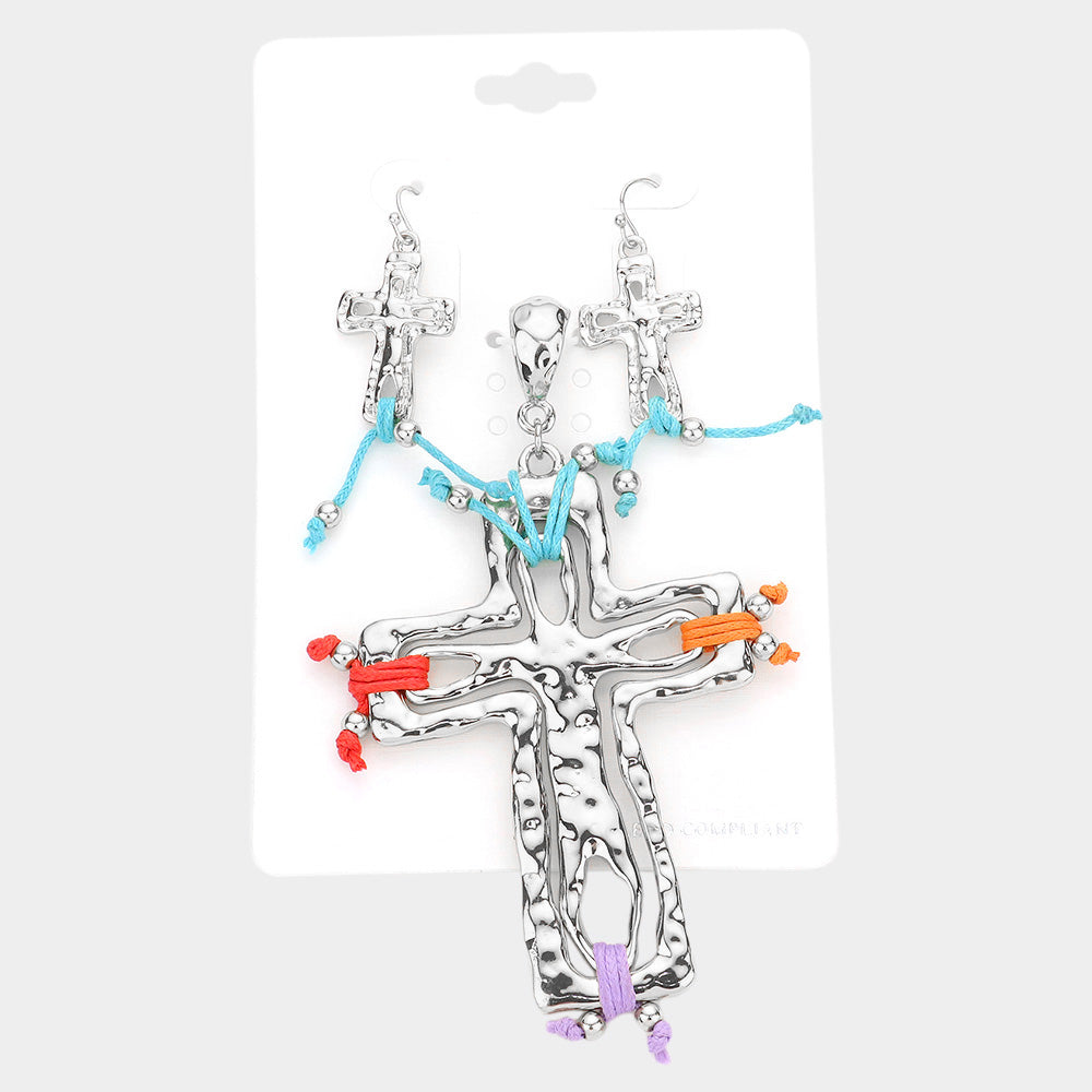 Madeline Love Silver Colorful Hammered Metal Cross Pendant Set - Pendant Sets