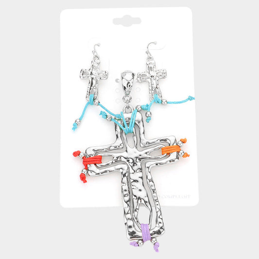Madeline Love Silver Colorful Hammered Metal Cross Pendant Set - Pendant Sets