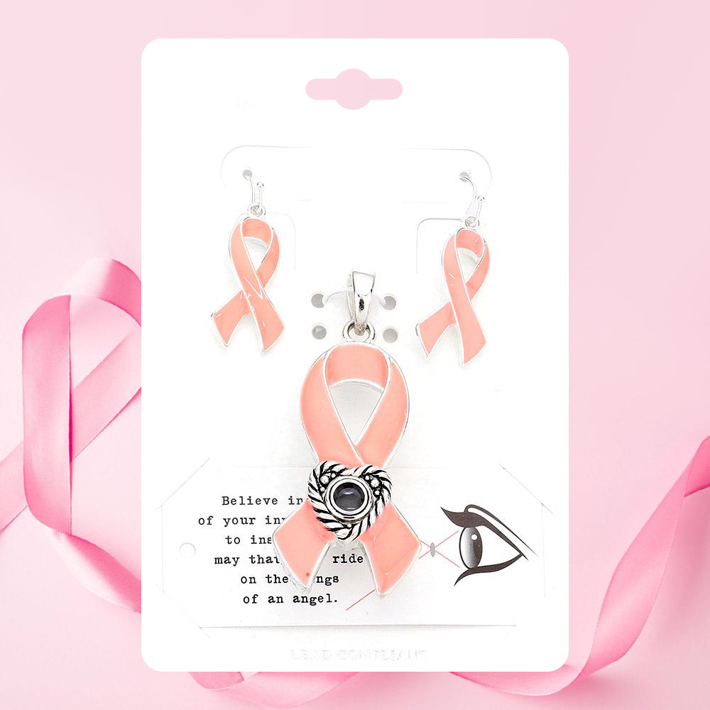 Black, Pink, Silver Burnished Pink Ribbon Message Lens Pendant Set