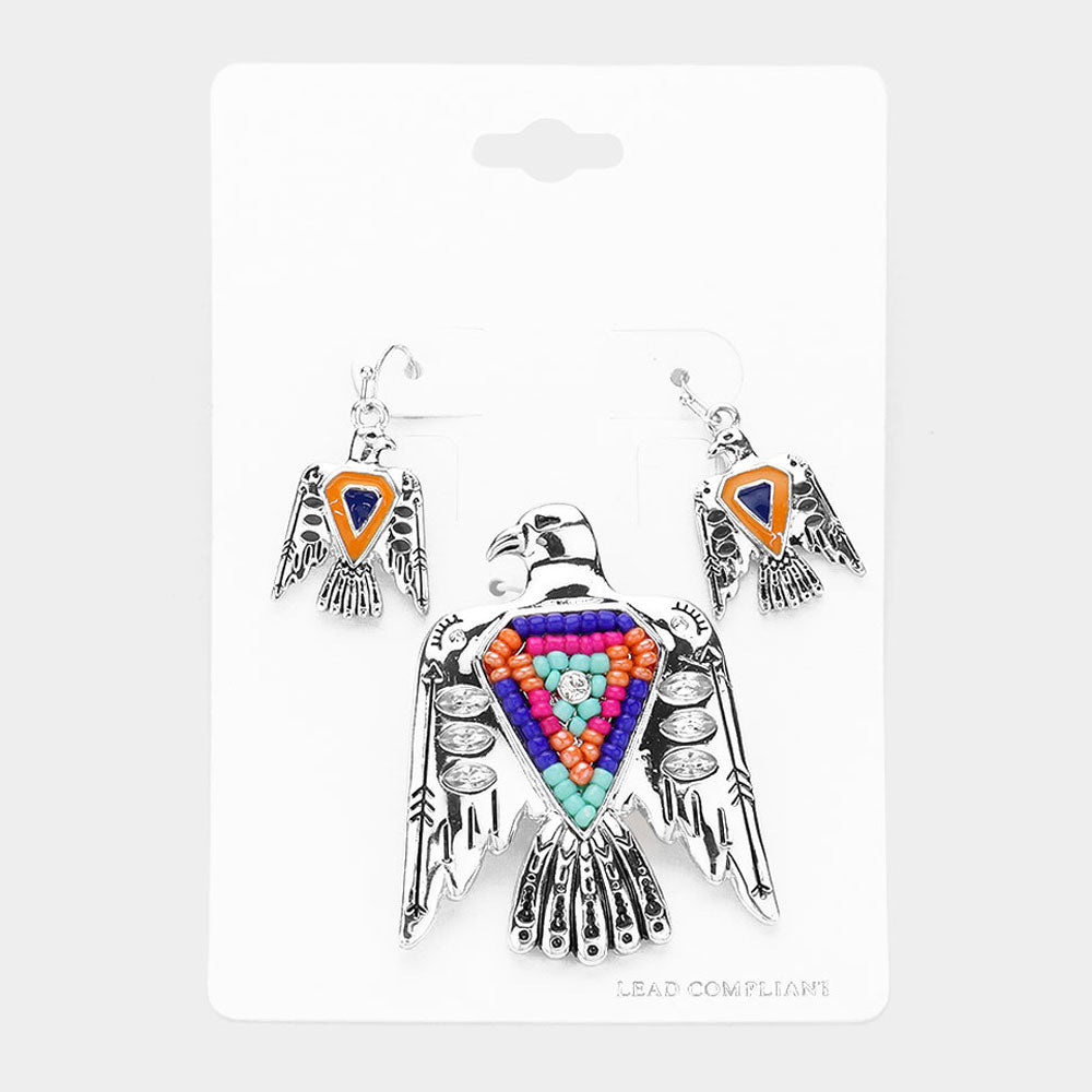 Madeline Love Antique Silver, Multi Boho Bead Accented Aztec Bird Magnetic Pendant Set - Pendant Sets