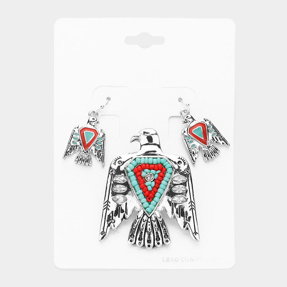 Madeline Love Antique Silver, Turquoise Boho Bead Accented Aztec Bird Magnetic Pendant Set - Pendant Sets