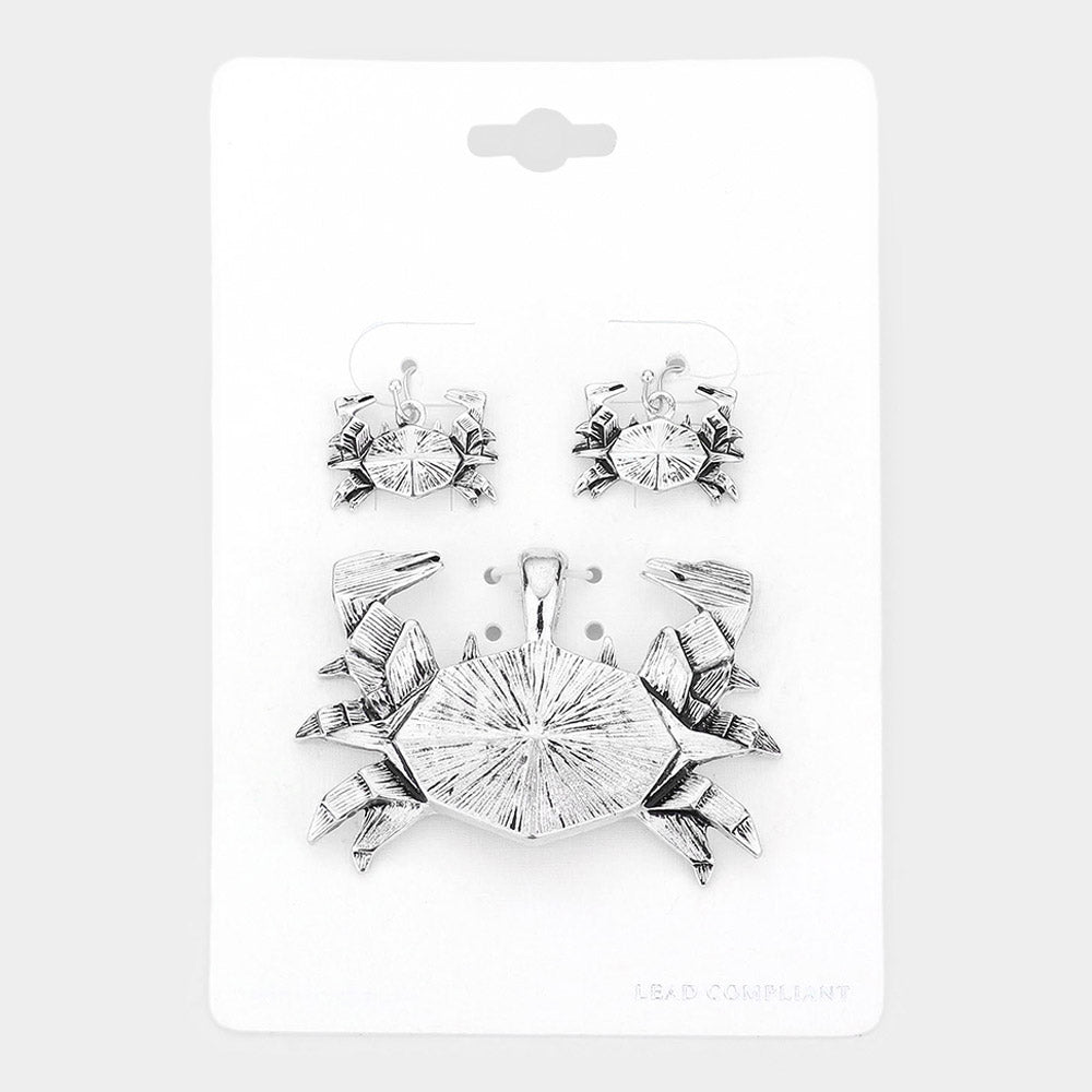 Antique Silver Textured Metal Origami Crab Pendant Set