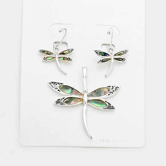 Madeline Love Abalone, Silver Abalone Dragonfly Pendant Set - Pendant Sets