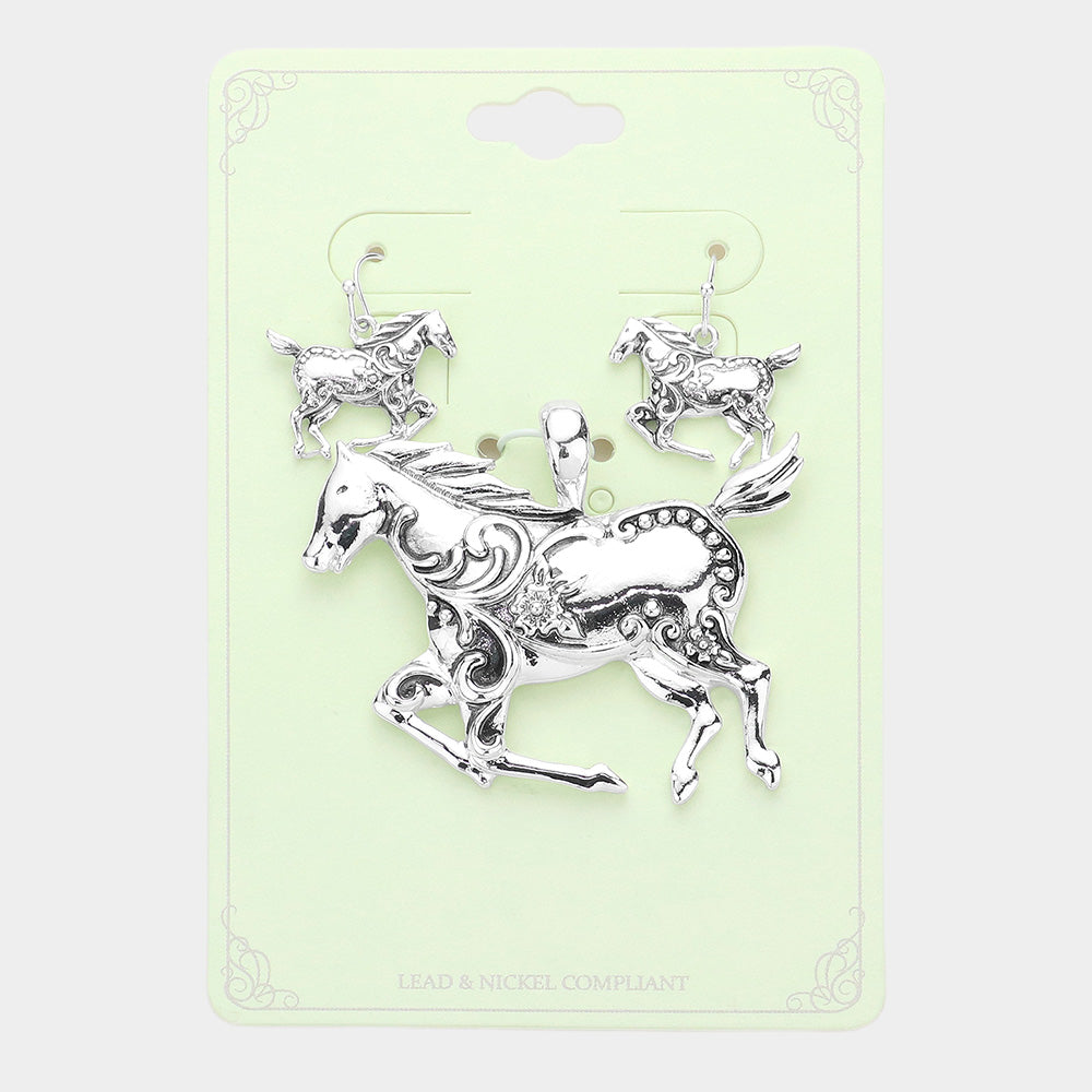 Madeline Love Antique Silver Antique Metal Running Horse Pendant Set - Pendant Sets