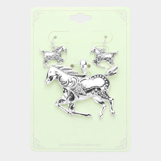 Madeline Love Antique Silver Antique Metal Running Horse Pendant Set - Pendant Sets