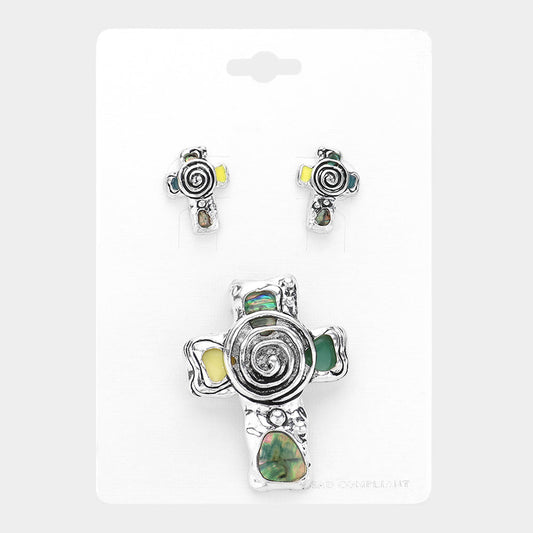 Madeline Love Silver Abalone Metal Spiral Cross Pendant - Pendant Sets
