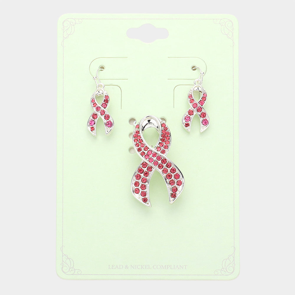 Madeline Love Pink Crystal Pink Ribbon Pin Brooch Pendant Set - Brooches