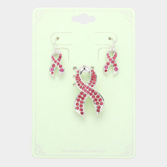 Madeline Love Pink Crystal Pink Ribbon Pin Brooch Pendant Set - Brooches