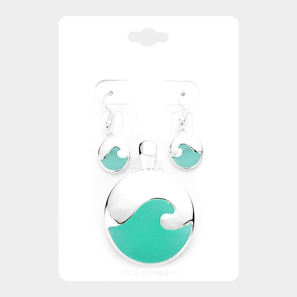 Madeline Love Blue, Silver Sea Glass Wave Round Magnetic Pendant Set - Pendant Sets
