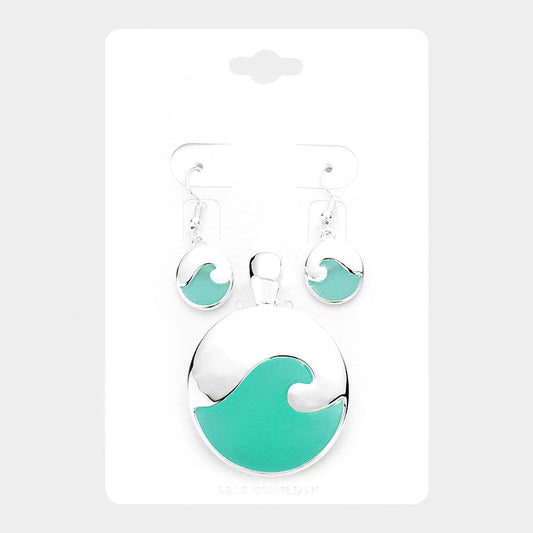 Madeline Love Blue, Silver Sea Glass Wave Round Magnetic Pendant Set - Pendant Sets